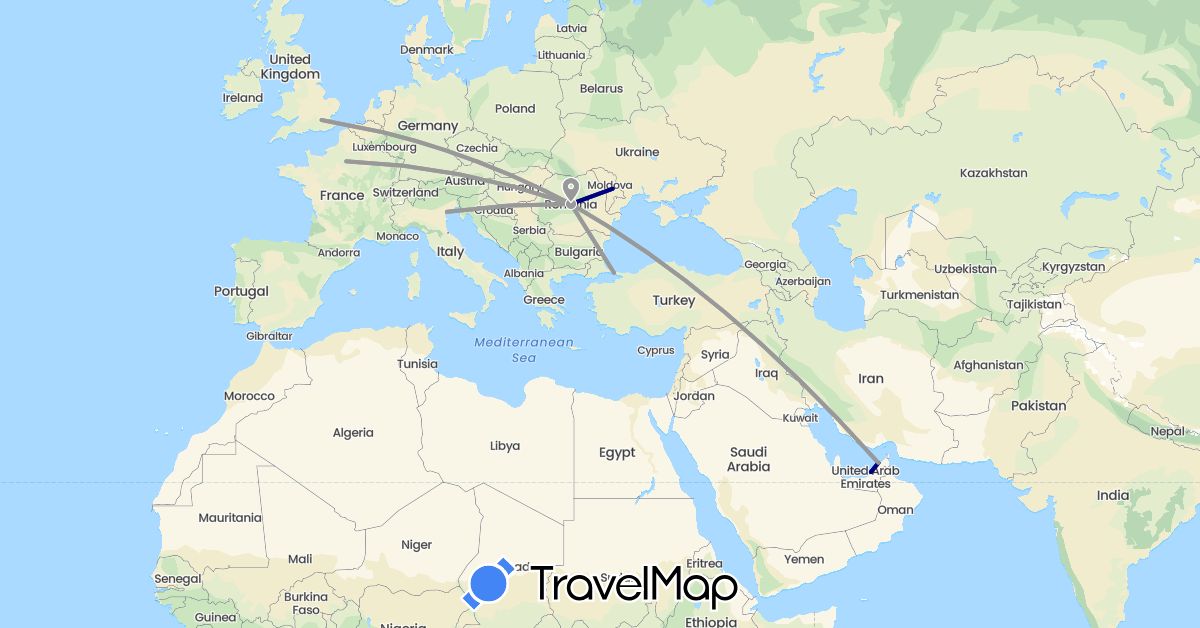 TravelMap itinerary: driving, plane in United Arab Emirates, France, United Kingdom, Italy, Moldova, Romania, Turkey (Asia, Europe)